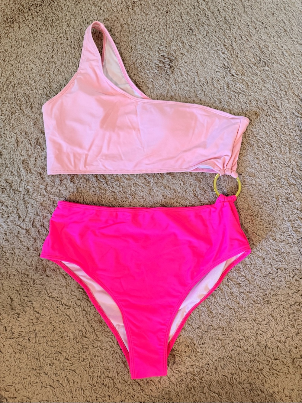 SHEIN Two-Tone Pink One-Shoulder Bikini with Gold Ring